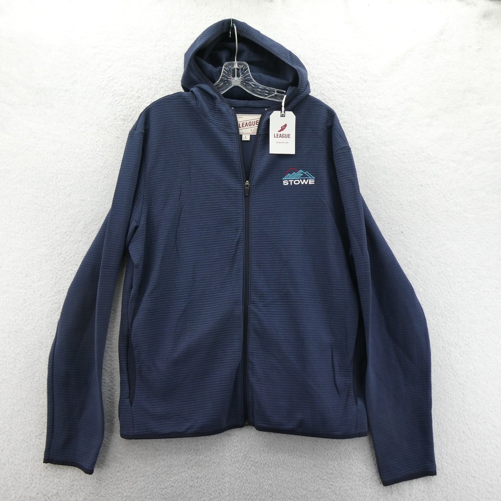 League Full Zip Hoodie Mens Large Stowe Mountain Navy Blue Ribbed Cotton Poly